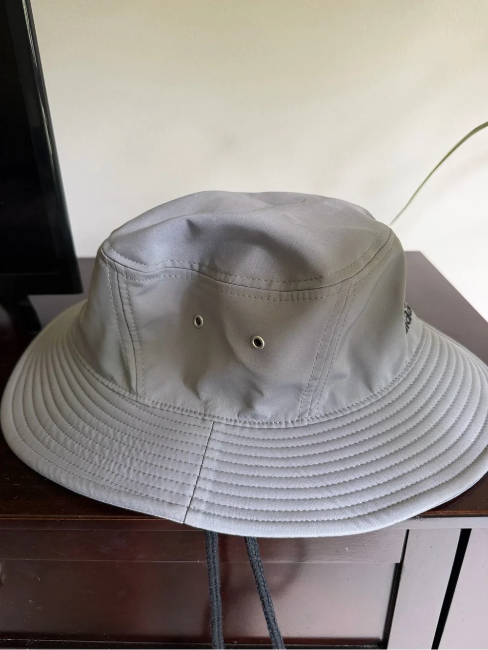 adidas Light Gray Outdoor Bucket Hat with Black Logo and Chin Strap